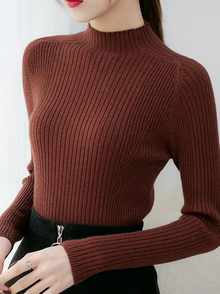 Women Ribbed Knitted Sweaters Korea Autumn Winter Pullover Mock Neck Long Sleeve Slim Sweater Woman Solid Casual Knitwear Tops