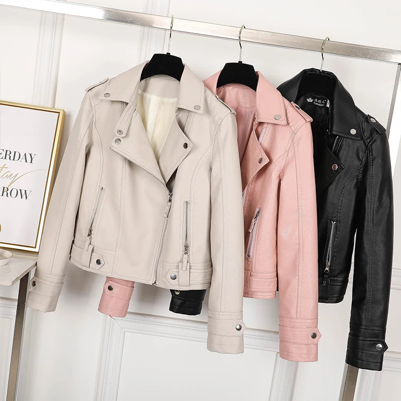 New Pink/beige/black Women's Clothing short motorcycle PU Leather Jacket Korean version of the spring and autumn jacket coats