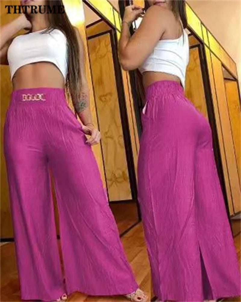 Elegant Solid Wide Leg Pants Fashion Women Summer High Waist Straight Flared Pant Casual Office Lady Holiday Loose Chic Trousers