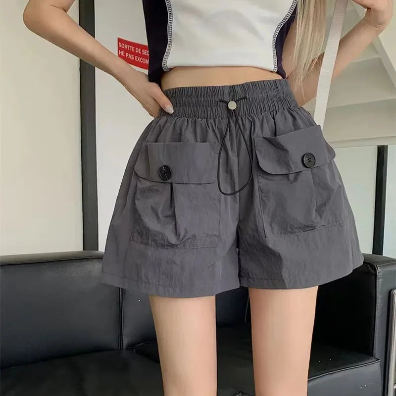 Y2K Fashion Street Cargo Shorts Women Summer Loose High Waist Drawstring Sports Pants Ladies Korean Casual Wide Leg Pants New