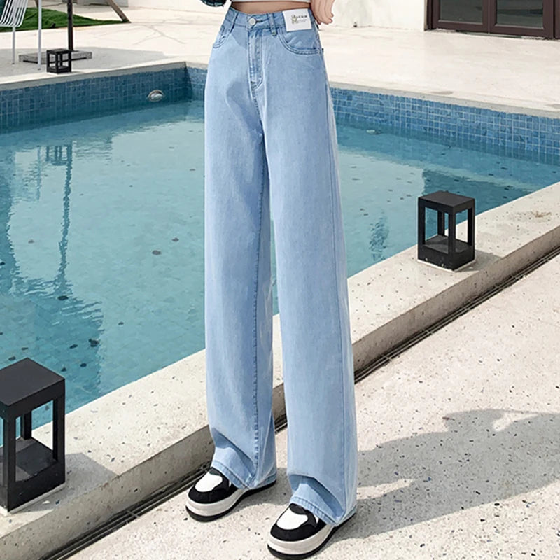 Summer Thin Woman High Waist Trousers Female 2024 New Ice Shreds Loose Washed Streetwear Jeans Black Blue Lyocell Wide Leg Pants