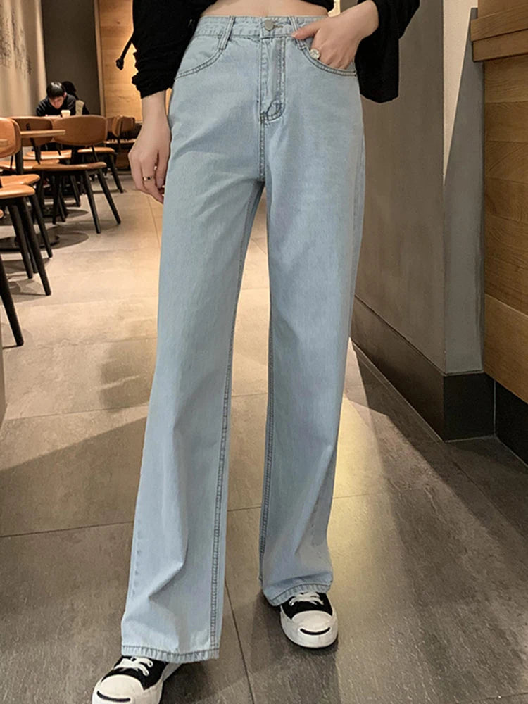 Woman High Waist Wide Leg Jeans Girls Casual Denim Straight Leg Pants Female White Black Blue Light Blue Beige Loose Trousers