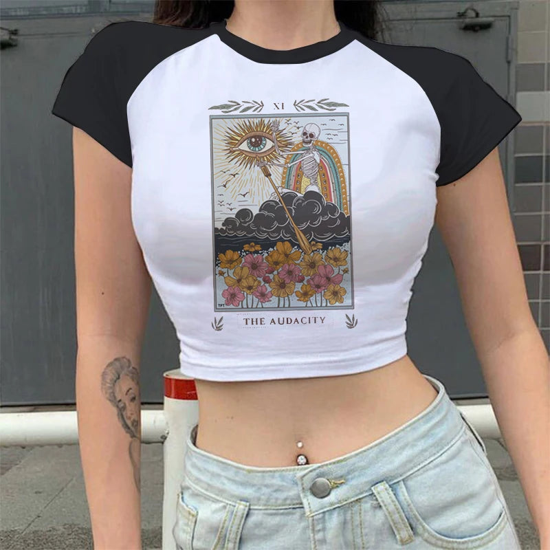 Lady Fashion Women Short Sleeve Summer Harajuku Crop Top Clothes Tshirt Female Tarot Print Cute Lovely Casual Aesthetic T-Shirt