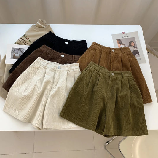 Nouveau short cargo en velours côtelé pour femme Automne Hiver Taille Haute Short à Jambes Larges Décontracté Vintage Pantalon Féminin Mode