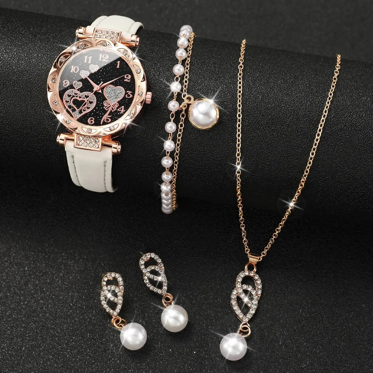 Lot de 4 montres à quartz analogiques en cuir PU pour femme avec strass brillants et perles artificielles, ensemble de bijoux, cadeau pour fille (sans boîte)