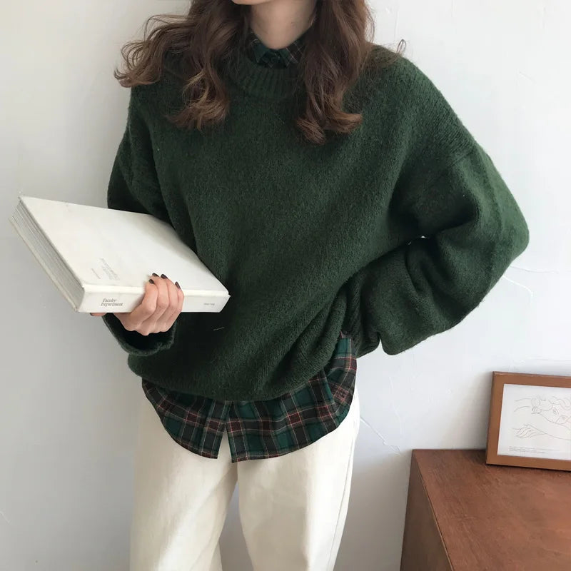 Oversized Green Mohair Sweater Crewneck Chunky Vintage Y2K Fuzzy Warm Cute Pullovers Autumn Winter Jumper