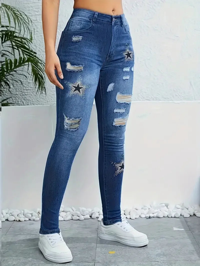 Star Pattern Printed Washed Hole Women's High Waisted Stretch Denim Skinny Trousers Fashionable Women's Denim Work Clothes