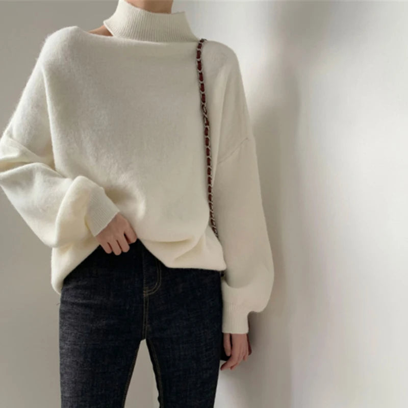 ITOOLIN Autumn Women One Shoulder Hollow Out Sweater Turtleneck Long Sleeve Knit Pullovers Women Loose Causal Sweater Winter