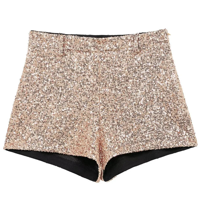 TRAF 2025 Mini Sequin Shorts Woman Shiny Sexy High Waist Short Women's Shorts Glitter Gold Pink Shorts Elegant High Street Short