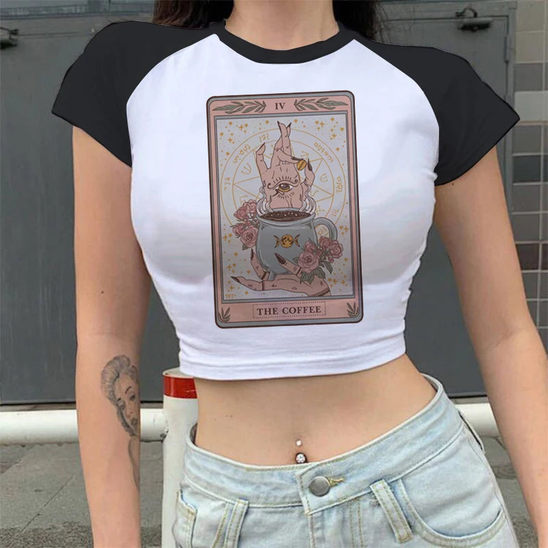 Lady Fashion Women Short Sleeve Summer Harajuku Crop Top Clothes Tshirt Female Tarot Print Cute Lovely Casual Aesthetic T-Shirt