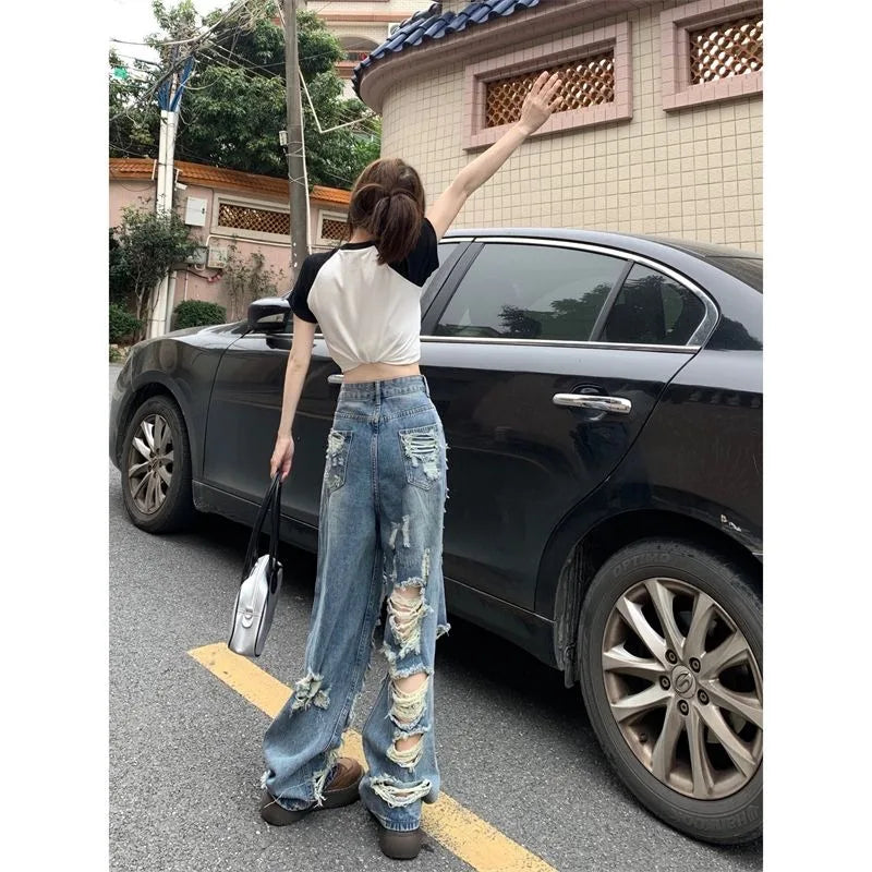 Fashionable Women's Ripped Jeans, High Waist Slimming Wide Leg Denim Pants Female Casual Straight Shredded Jeans for Women 4XL