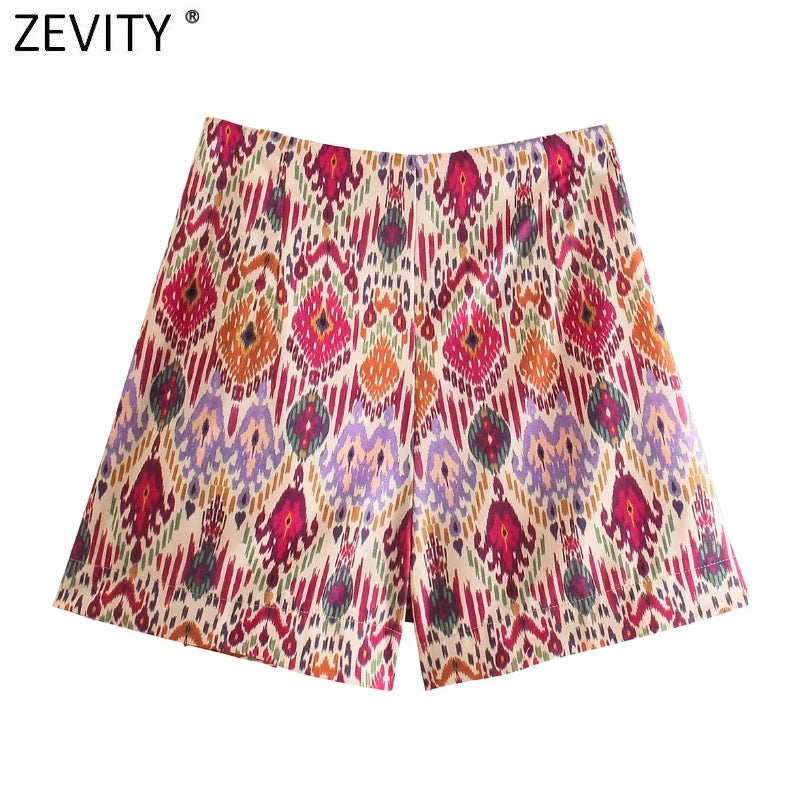 Zevity Women Totem Floral Print Hot Bermuda Shorts Ladies Chic Side Zipper Bow Tied Casual Shorts Skirts Pantalone Cortos P1231