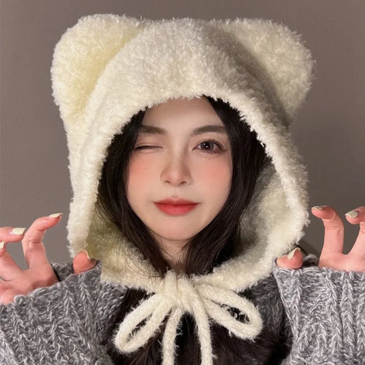 Winter Plush Beanies Cute Bear Ear Wool Hat Warm Lace-up Ear Protection Knitted Bomber Cap Bonnets Knitting Korea Women Gorros