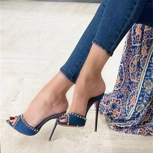 Liyke 2025 Été Mode Métal Rivet Designer Talons Hauts Femmes Pantoufles Sexy Bout Pointu Fête Stripper Chaussures Mules Sandales