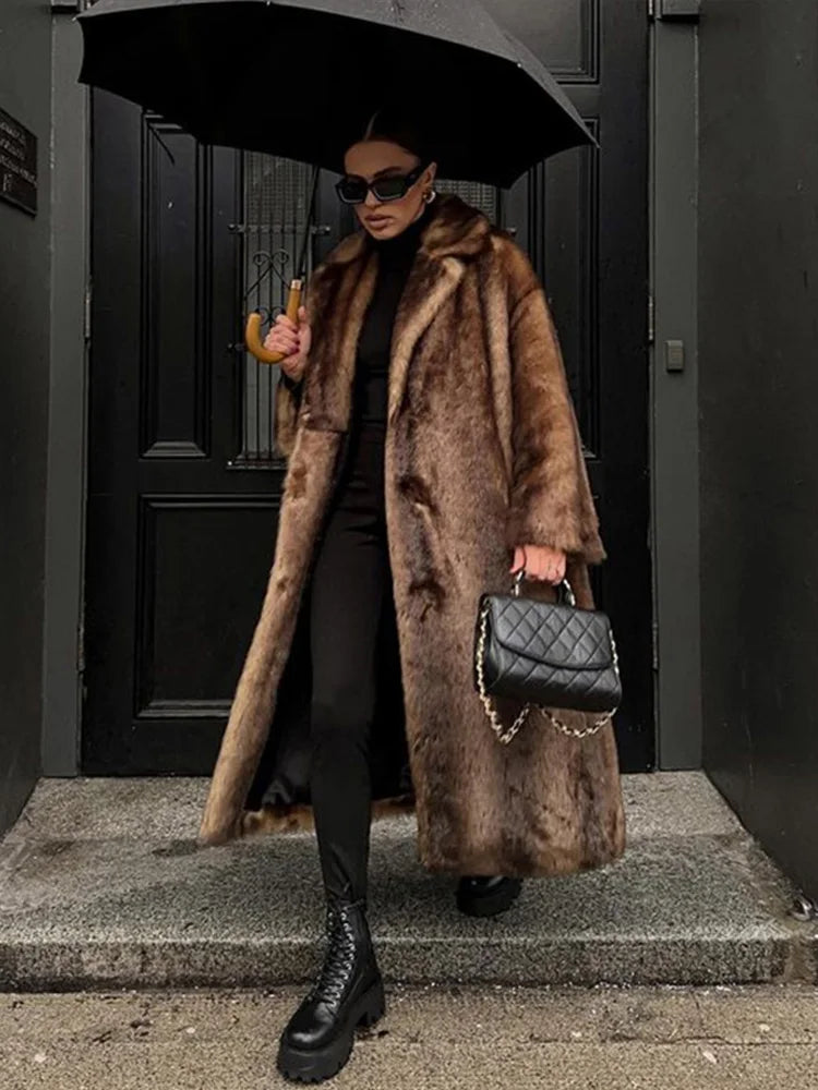 Vintage Long Fur Coat Cardigan Deep Brown Loose Classic Faux Fur Elegant Women Trench Overcoat Jacket Winter Plush Outwear Top