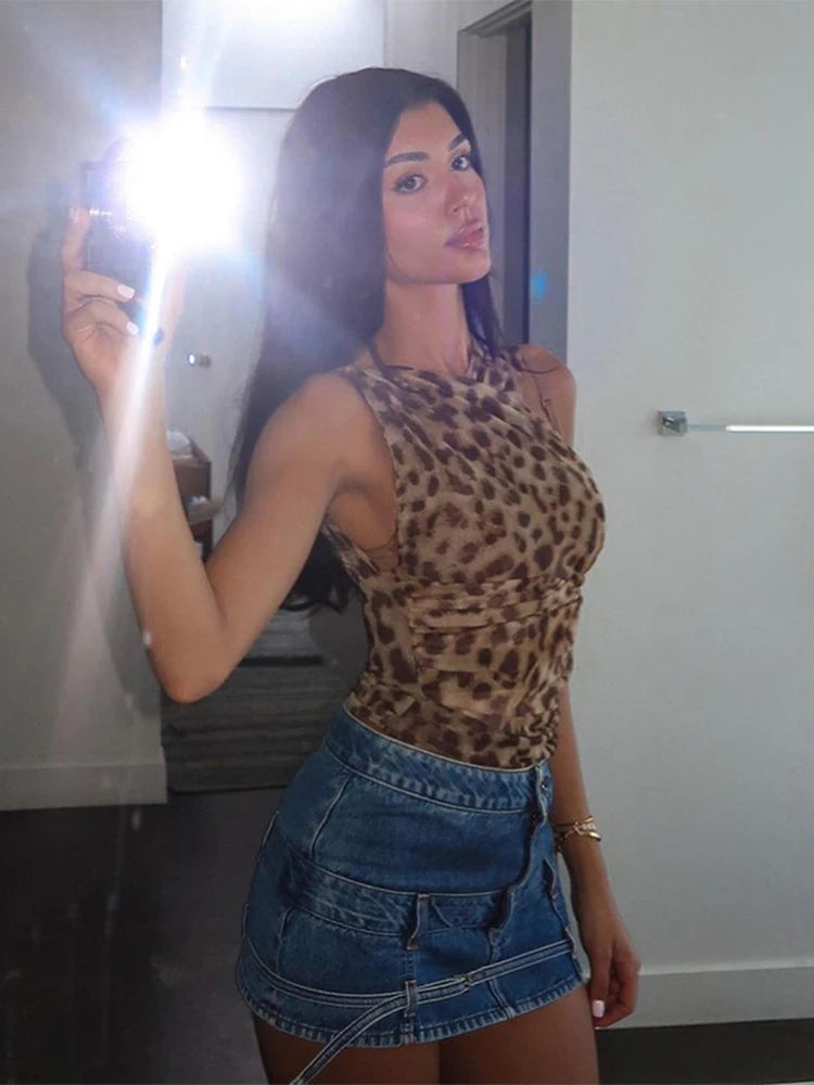 Sexy Leopard Print Backless Slim Jumpsuits Women Chic Sleeveless Irregular Bodysuits 2024 Summer Fashion Ladies Street Beachwear