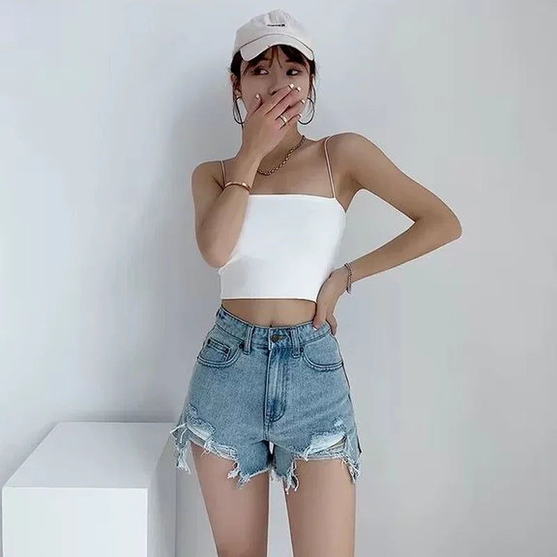 Denim Shorts Women Hole Frayed Summer Hot Girls College All-match Solid Younger Ins Prevalent High Waist Casual Mujer Slender