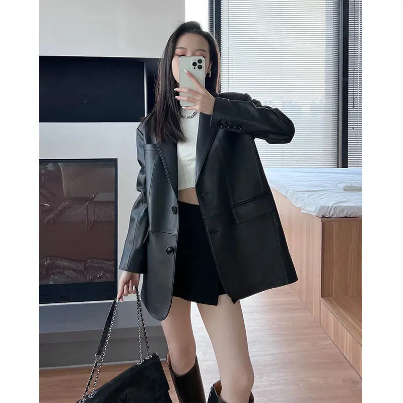 Korean Black Leather Jacket Women Streetwear Loose Formal Leather Blazers Female Fashion Trend Chic Punk Leather Jacket 2023 New