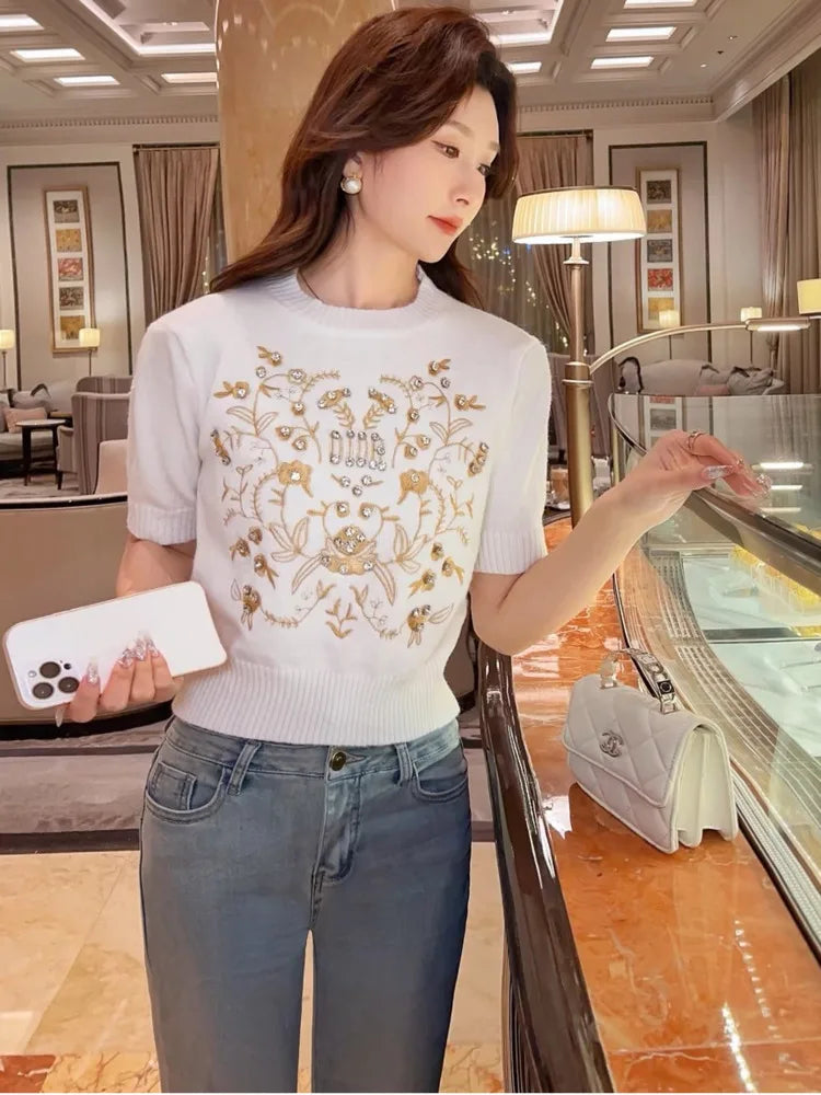 Early Spring Sweater Embroidery Rhinestone Crop Tops Graphic Y2K Women's Clothing Short Sleeve Tees Vintage Luxury Knit Pullover