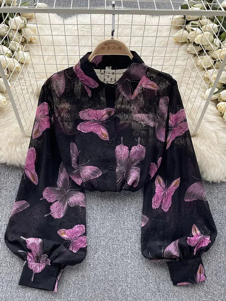 Spring Autumn Temperament Fashion Retro Chiffon Floral Blouses Print Loose Lapel Puff Sleeve Top Button Up Shirt Female GD611