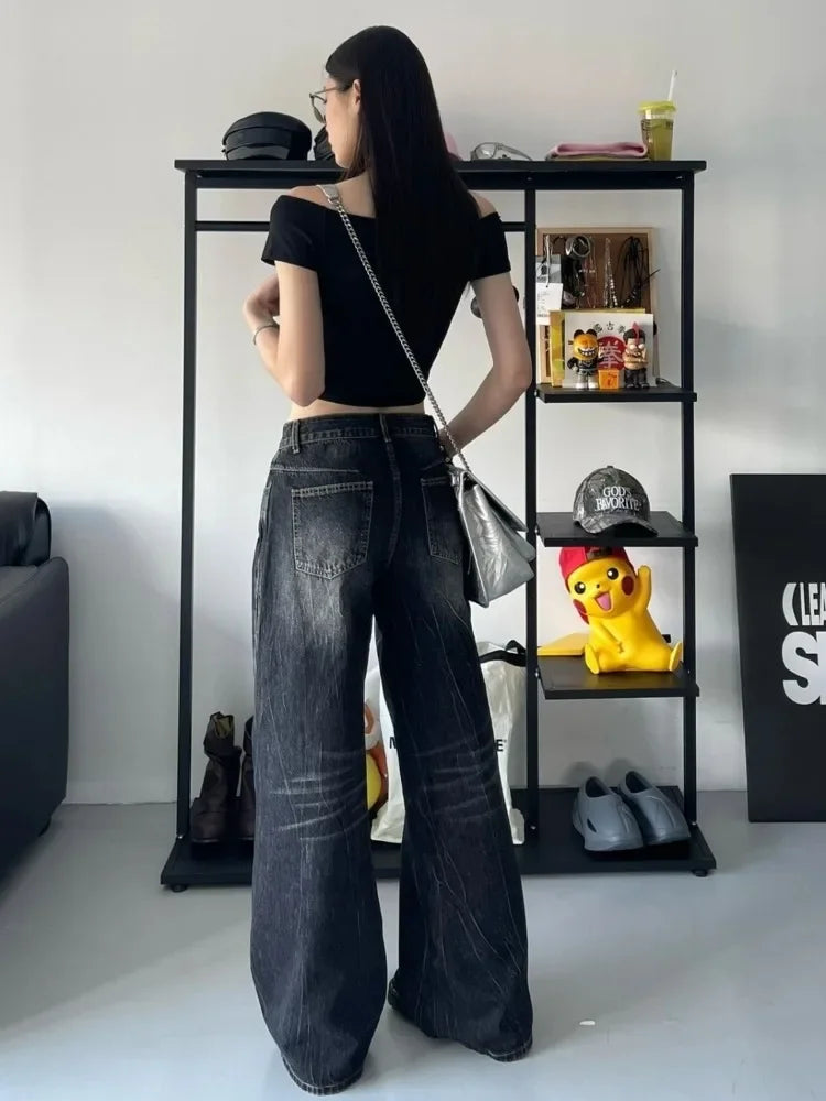 HOUZHOU Grunge Y2k Black Jeans Women Baggy Vintage High Street Oversized Denim Trousers Gothic Gyaru 2000s Acubi Fashion Jeans