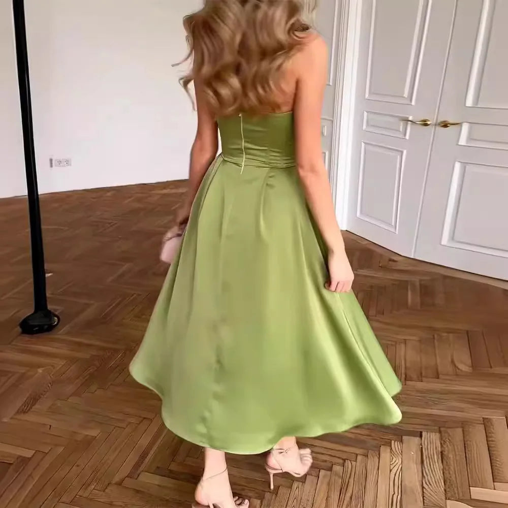 DSMTRC Luxury Designer Clothing Women 2024 Strapless Dress Elegant Party Sleeveless Green Maxi Dresses Club Outfit for Woman