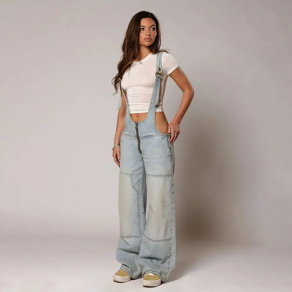 Jumpsuits Women Jeans Overalls Sexy Backless Vintage Full Length Denim Straight Pants Loose Pockets Distressed Washed Casual