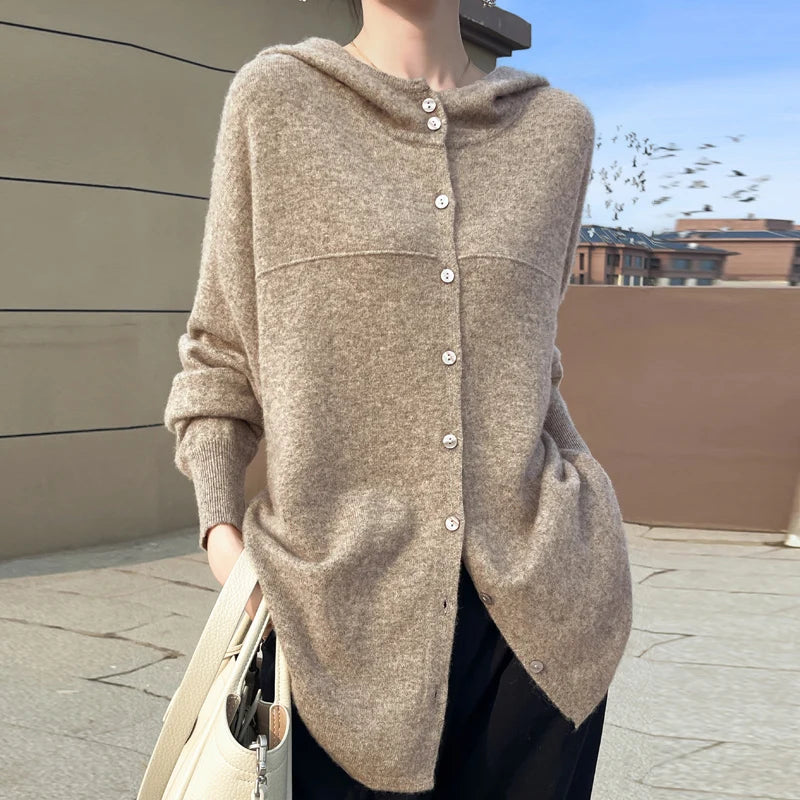 Fall/Winter 2024 new women's cardigan 100% pure wool solid color hooded collar cashmere fashion loose plus size sweater coat