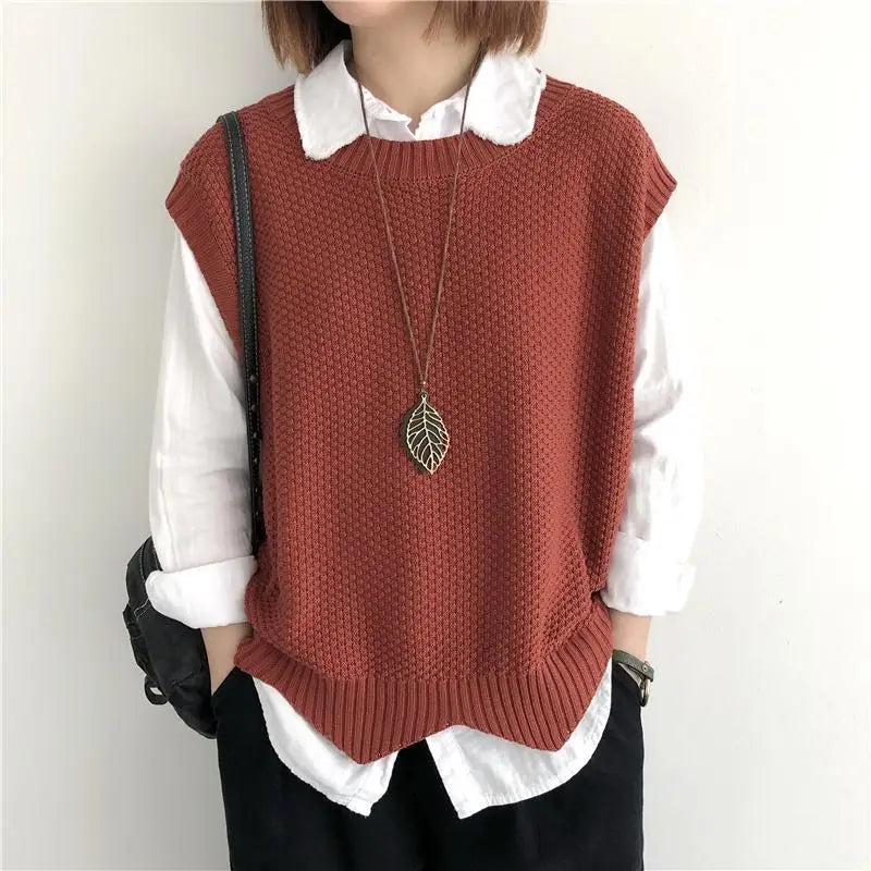 Summer Solid O-neck Asymmetrical Outerwear Single Wear Knitted Vest Women Patchwork Screw Thread Loose Versatile Sleeveless Top