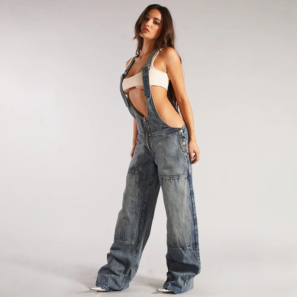 Jumpsuits Women Jeans Overalls Sexy Backless Vintage Full Length Denim Straight Pants Loose Pockets Distressed Washed Casual