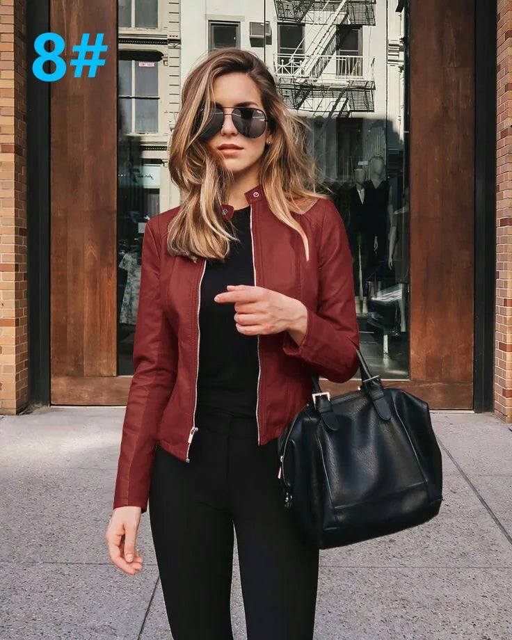 Veste en cuir synthétique de couleur unie pour femmes, automne et hiver 2024, veste en cuir PU à la mode pour femmes