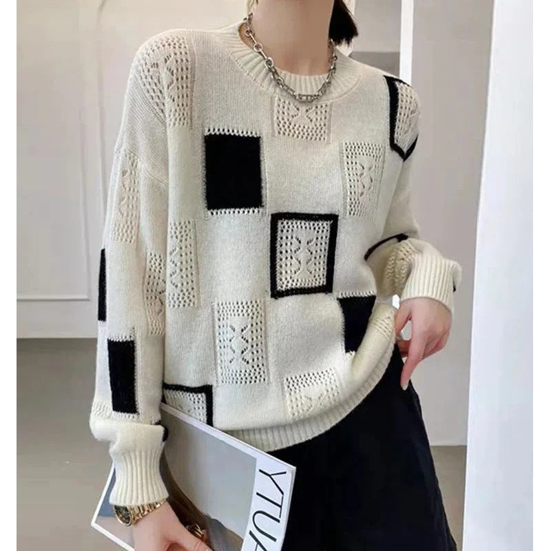 Vêtements pour femmes automne et hiver vintage géométrique patchwork pull tricoté décontracté streetwear pull hauts pull à manches longues