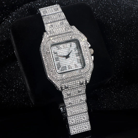 Montres à la mode entièrement glacées pour hommes et femmes, montre carrée en acier inoxydable, strass de luxe, montre à quartz carrée, cadeau de fête Hip Hop