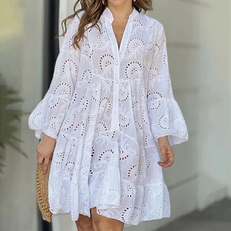 Women's Elegant V-neck Hollow Embroidery Dress, Vintage Beach Mini Dresses, Casual Solid Lace, Sexy, Summer, 27725