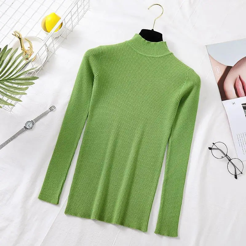 ZOKI Autumn Women Pullover Sweater Fashion Half Turtleneck Knitted Female Jumper Long Sleeve Winter Black Soft Elastic Blouse