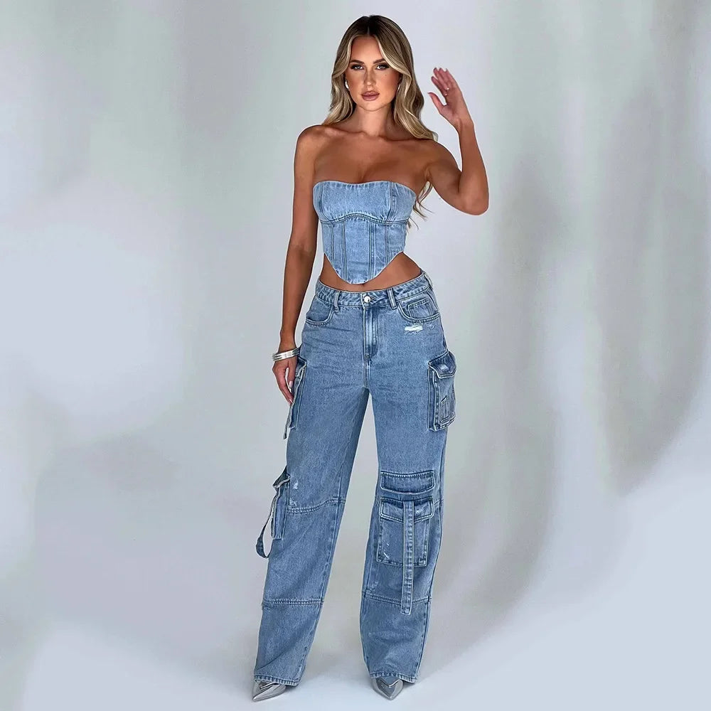 Fashion Multi-pocket Jeans New Baggy Jeans Women Cargo Pants Women High Waist Butt Lifter Loose Straight-leg Pants Tight Stretch