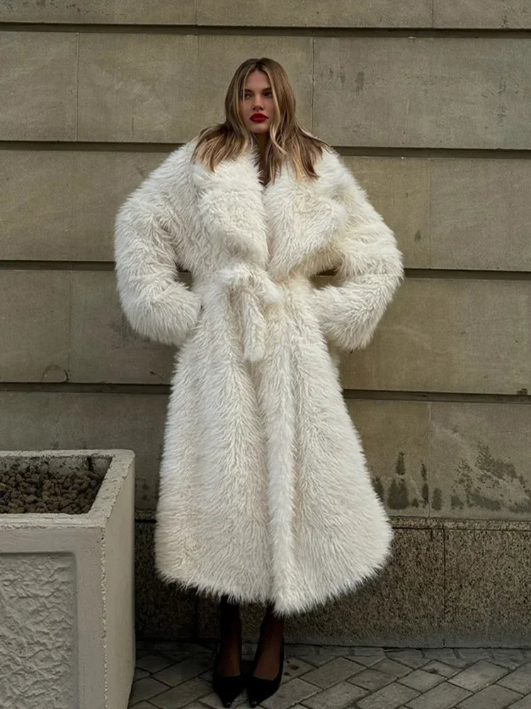 Long Snow Fox Fur Coat White Extended Waist Cinched Lace Up Women Plush Overcoat Suit Collar Loose Thick Warm Outwear Top Winter