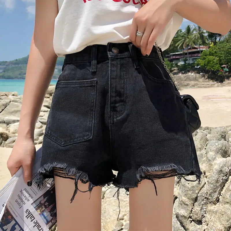 Denim Shorts Women Hole Frayed Summer Hot Girls College All-match Solid Younger Ins Prevalent High Waist Casual Mujer Slender