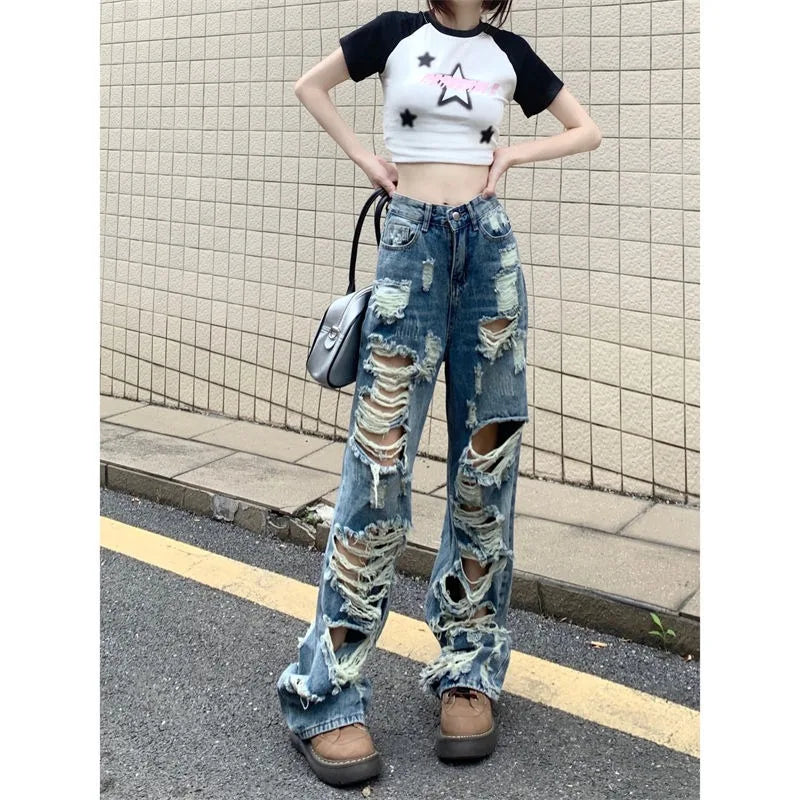 Fashionable Women's Ripped Jeans, High Waist Slimming Wide Leg Denim Pants Female Casual Straight Shredded Jeans for Women 4XL