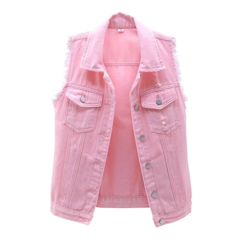 Women Single Breasted Denim Vest Autumn Winter Solid Casual Turn-down Collar Pocket Sleeveless Short Jean Coat Streetwear Female