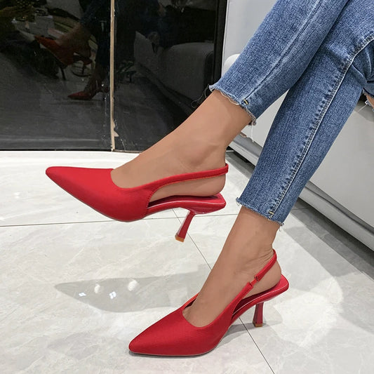 Plus-size High Heels Women's Pointed Thin Heels Back Lift Sandals Fashion Temperament Women's Shoes Red High Heels