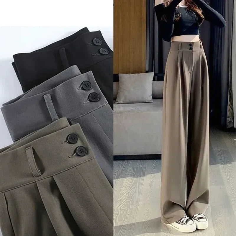 Women Fashion Suit Pants Lady Wide Straight Leg Classic Trousers Female Korean Mesh Linen Pants Stretch High Waist Basic Slacks