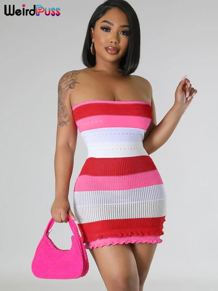 Weird Puss Knit Women Tube Dress Elegant Summer Patchwork Striped Ruffles Hem Skinny Stretch Bodycon Street Vacation Clubwear