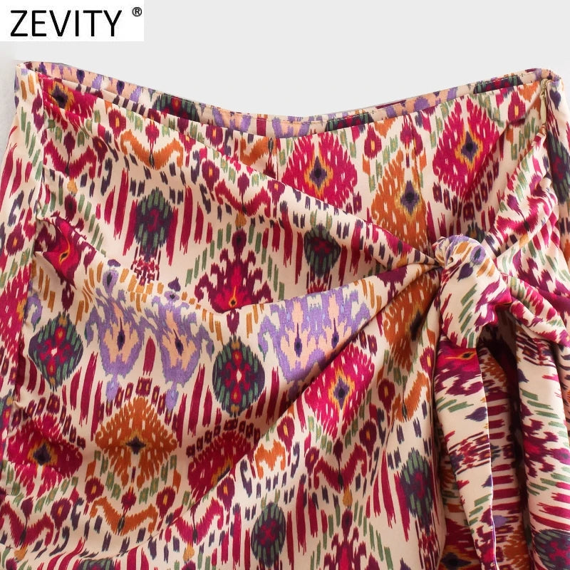 Zevity Women Totem Floral Print Hot Bermuda Shorts Ladies Chic Side Zipper Bow Tied Casual Shorts Skirts Pantalone Cortos P1231