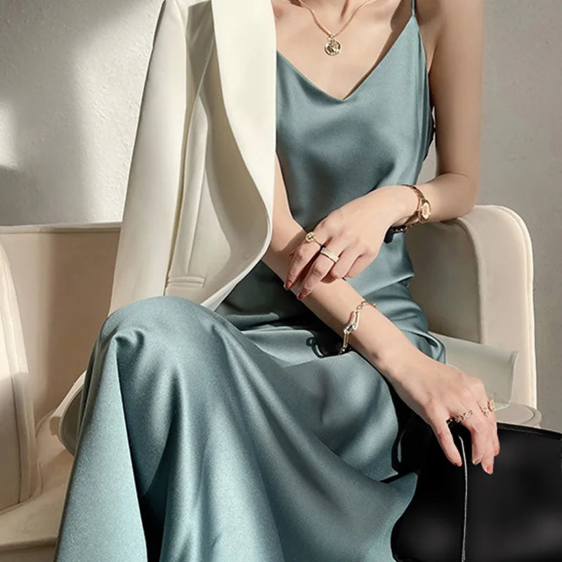 Women Long Dress Spaghetti Strap V-neck Sleeveless Sexy Summer Solid Color Mid-calf Skinny Dresses Inner Cloth