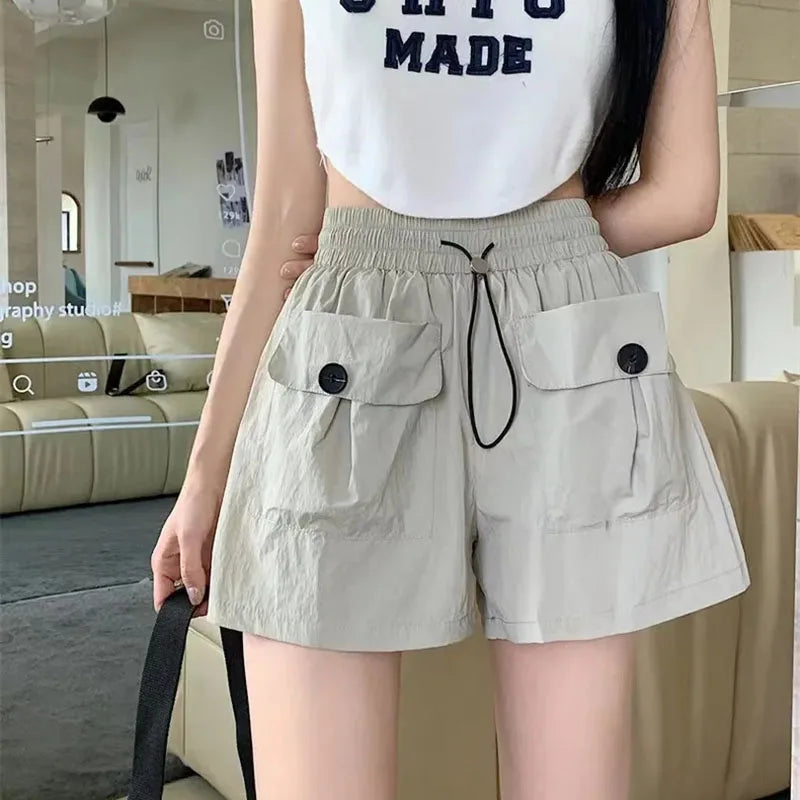 Y2K Fashion Street Cargo Shorts Women Summer Loose High Waist Drawstring Sports Pants Ladies Korean Casual Wide Leg Pants New