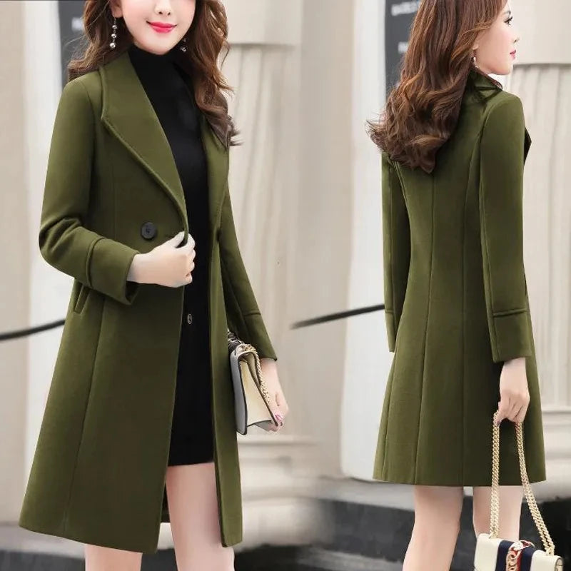 Fashion 2023 Spring Autumn Women New Korean Anti-pilling Suit Collar Mid-length Woolen Coat Female Slim Loose Jacket Trend A680