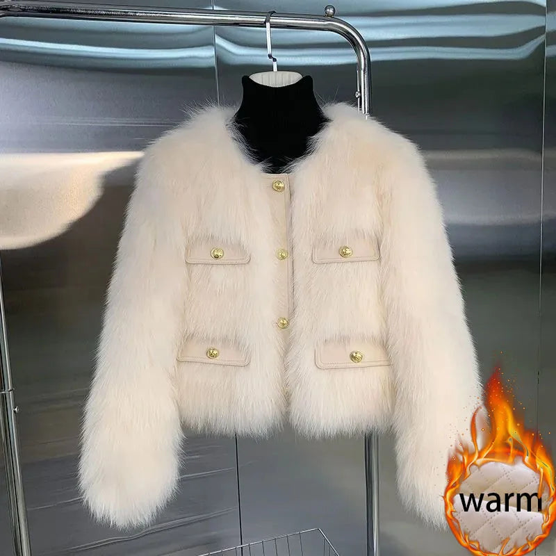 Women Elegant Cropped Faux Fur Coats Tops Winter Warm Thicken Cotton Padded Lined Jackets Korean Single Breasted Furry Abrigos