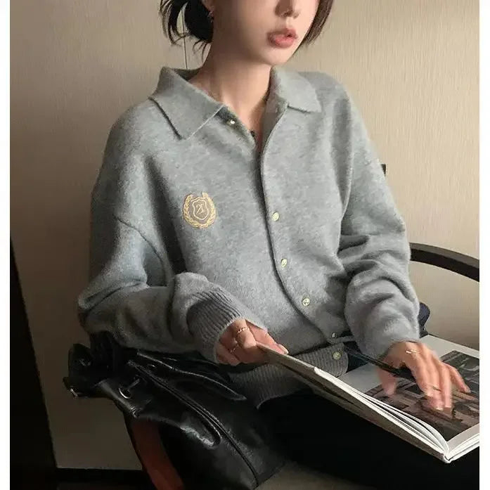 Grey Embroidered Polo Collar Sweater for Women Autumn/Winter Retro Lazy Loose Outerwear High End Knitted Cardigan Women Tops