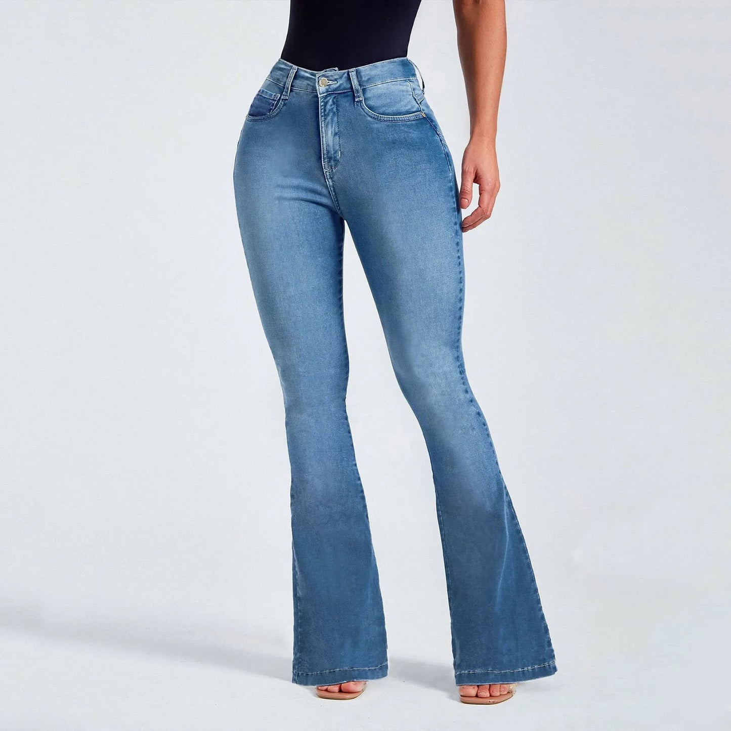 Jean évasé vintage taille haute pour femme, pantalon skinny décontracté à taille moyenne, poches, jean classique en denim, pantalon évasé